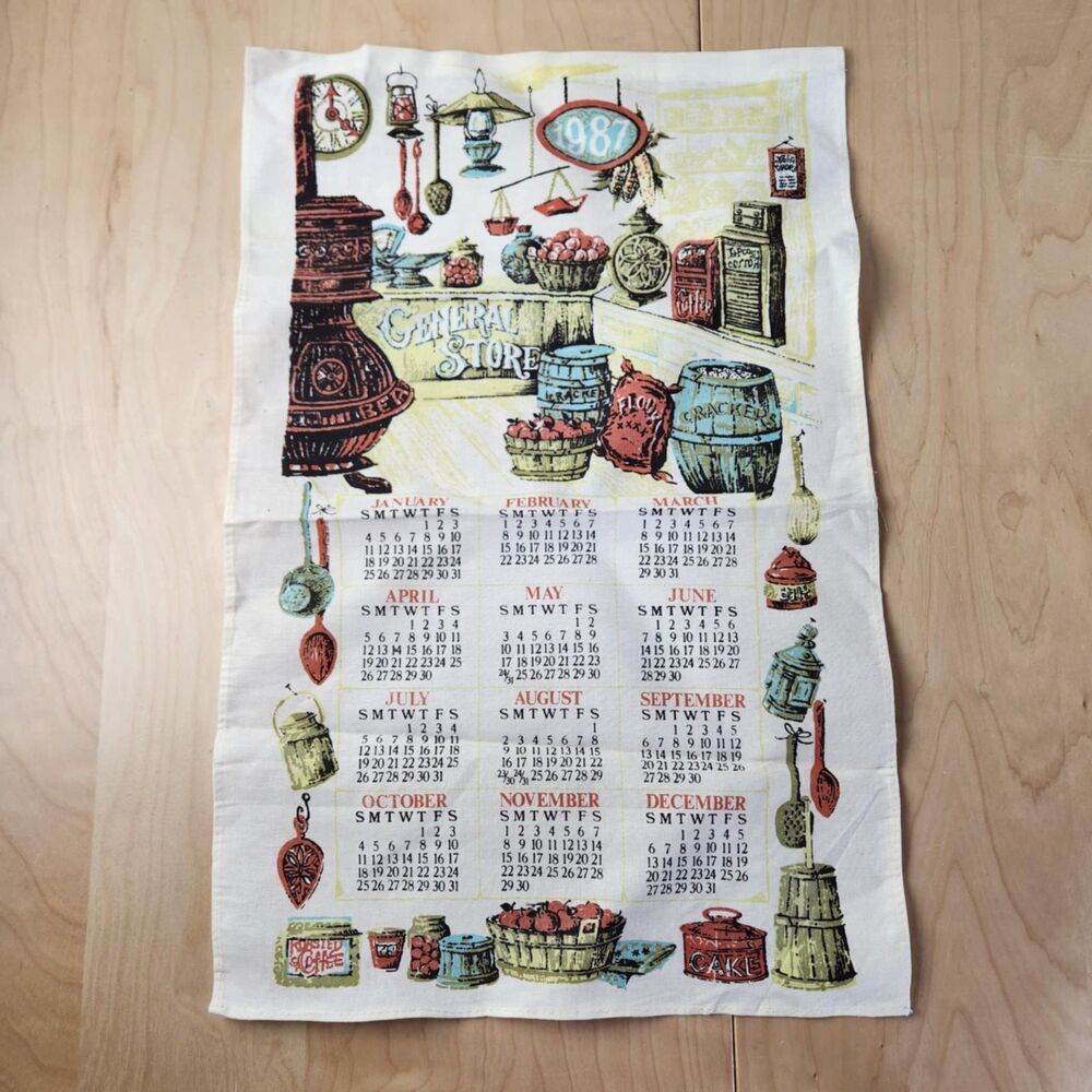 Vtg 1987 General Store Primitive Linen Cloth Wall Calendar Hanging Kitchen Decor